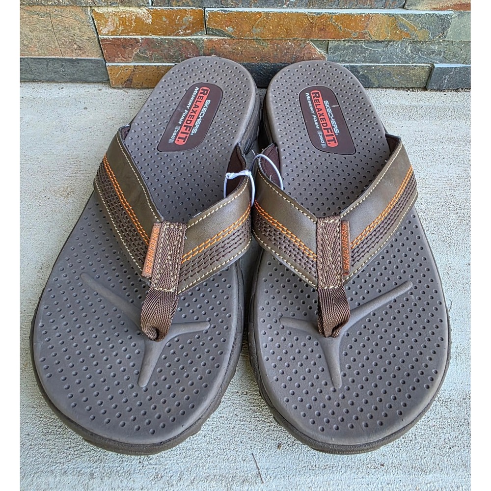 NEW Skechers Flip Flops Men's 10 Brown Relaxed Fit Memory Foam 360
